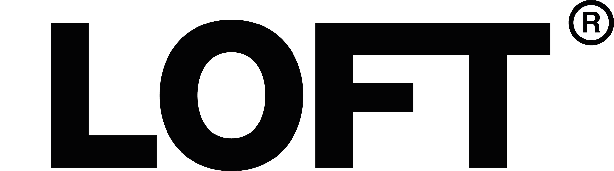 Black background with large outlined white text spelling 'LOFT' and a registered trademark symbol in the upper right corner.