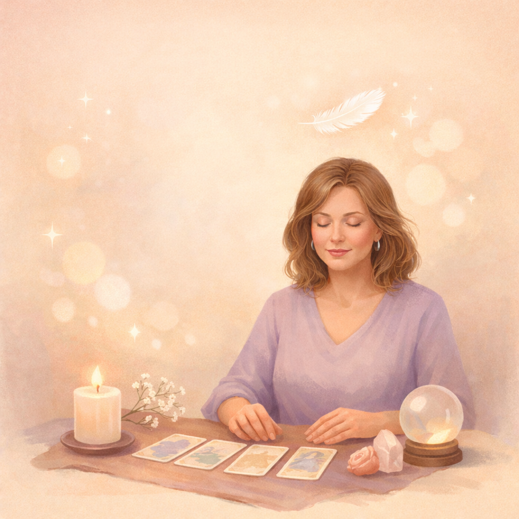 A woman with shoulder-length wavy hair sitting at a table with tarot cards, a lit candle, crystals, and a crystal ball, with a dreamy background and floating feather.