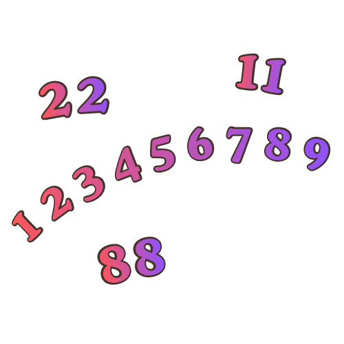 Number line with numbers from 1 to 11, with 1, 2, 3, 4, 5, 6, 7, 8, 9, 11 in pink and 22, and 88 in purple.