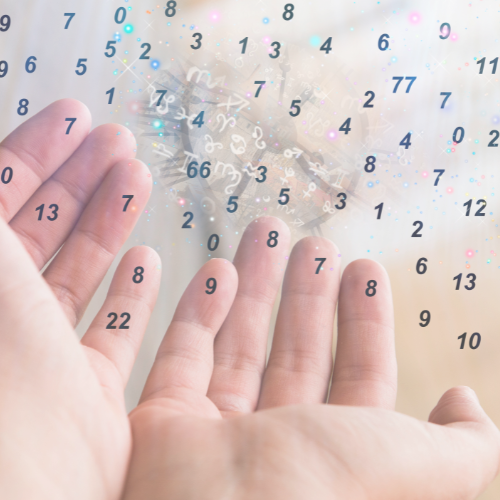 Two hands with fingers extended over a light background, with colorful floating numbers and sparkles indicating digital or mathematical concepts.