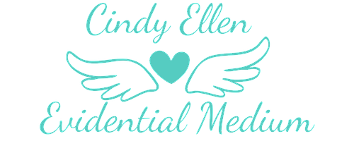 Design with the name Cindy Ellen, a heart, angel wings, and the phrase 'Evidential Medium' in teal script.