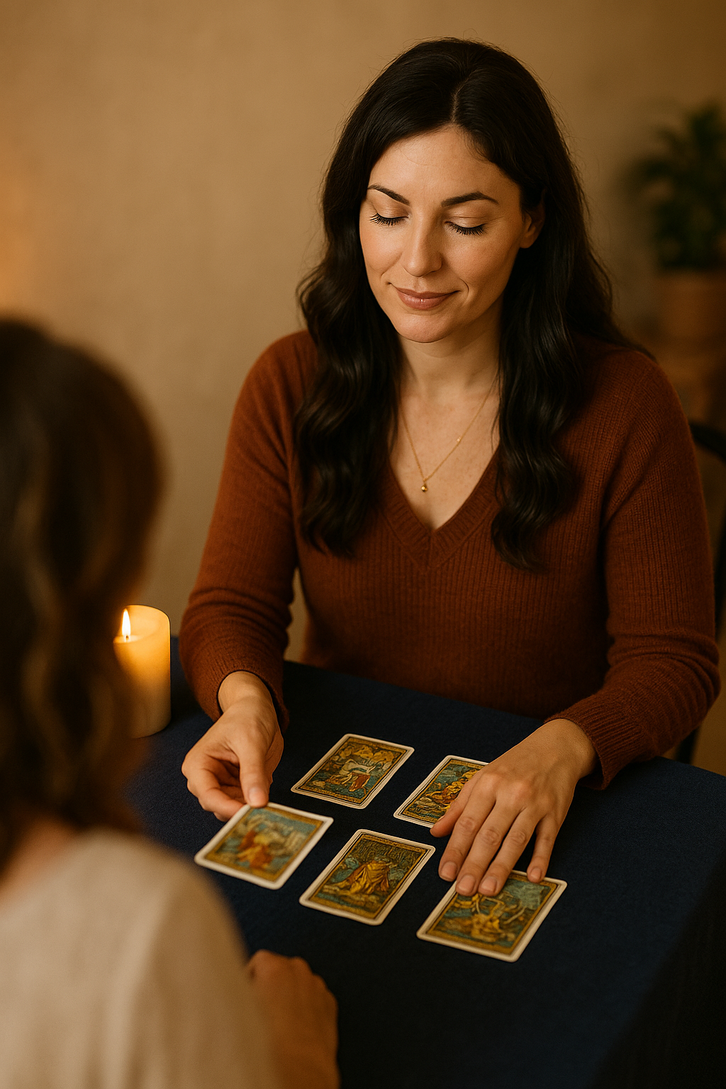 A woman with long dark hair and a brown sweater is sitting at a table with tarot cards laid out in front of her, engaging in a tarot reading with another person whose back is to the camera. There is a lit candle nearby.