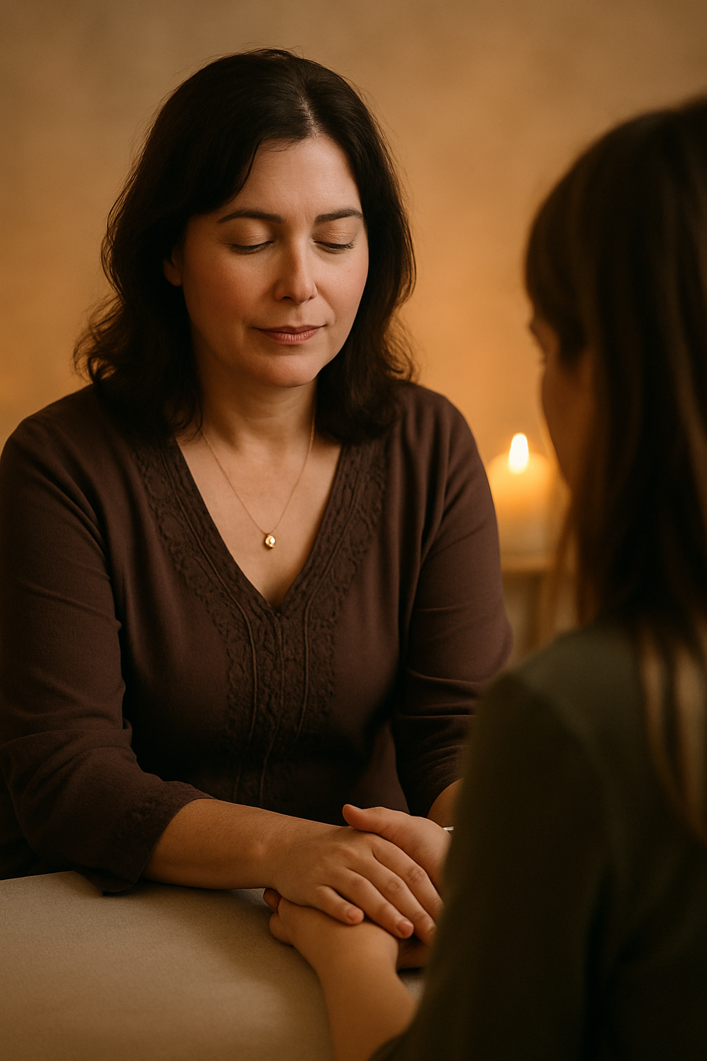 A woman with dark hair and a brown top has her hands held by a person in front of her in a warm, softly lit room with a candle in the background.