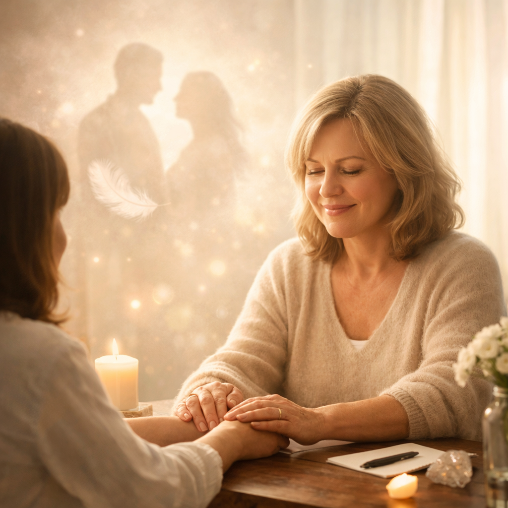 A woman with blonde hair comforting a girl with brown hair, holding hands at a table with a candle and notepad.