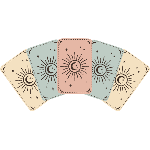 Five tarot cards with celestial designs, featuring moon and star motifs in pastel colors.