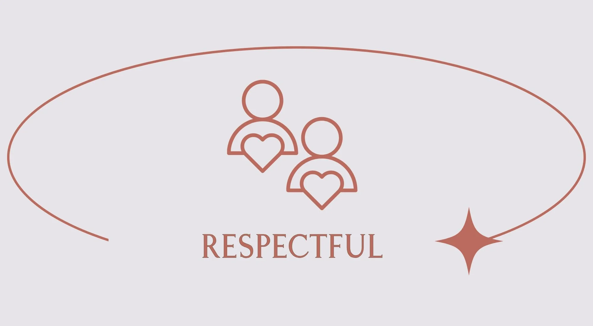 Line drawing of two people holding hearts, with the word 'Respectful' below, and a small star on the right.