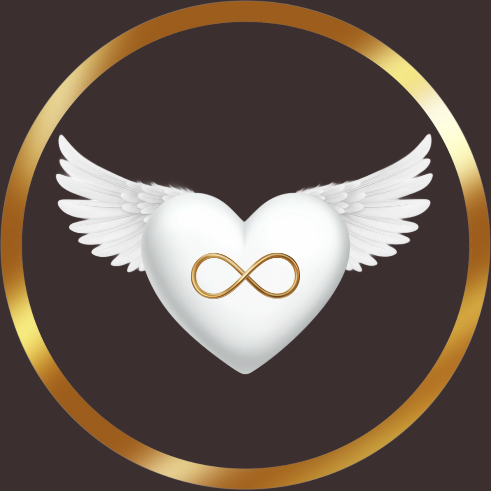 A white heart with angel wings and a gold infinity symbol inside, encircled by a gold ring, on a dark background.