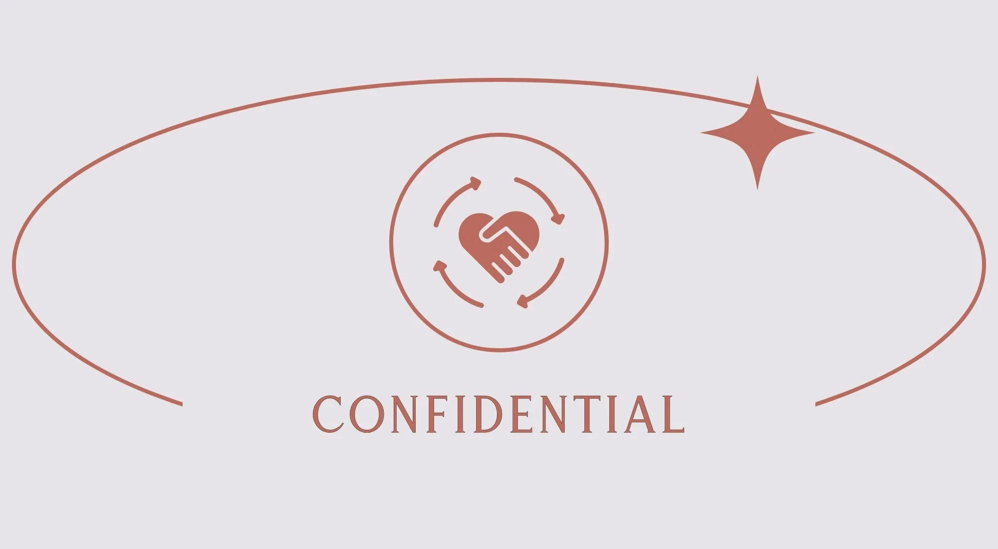 A confidential stamp design with a heart and handshake icon in the center, surrounded by circular arrows, with the word "CONFIDENTIAL" beneath, all on a light gray background.