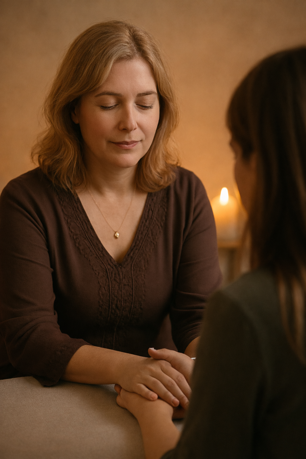 A woman with shoulder-length red hair and a brown top holding hands with a girl with dark hair in an indoor setting with warm lighting and a lit candle in the background.