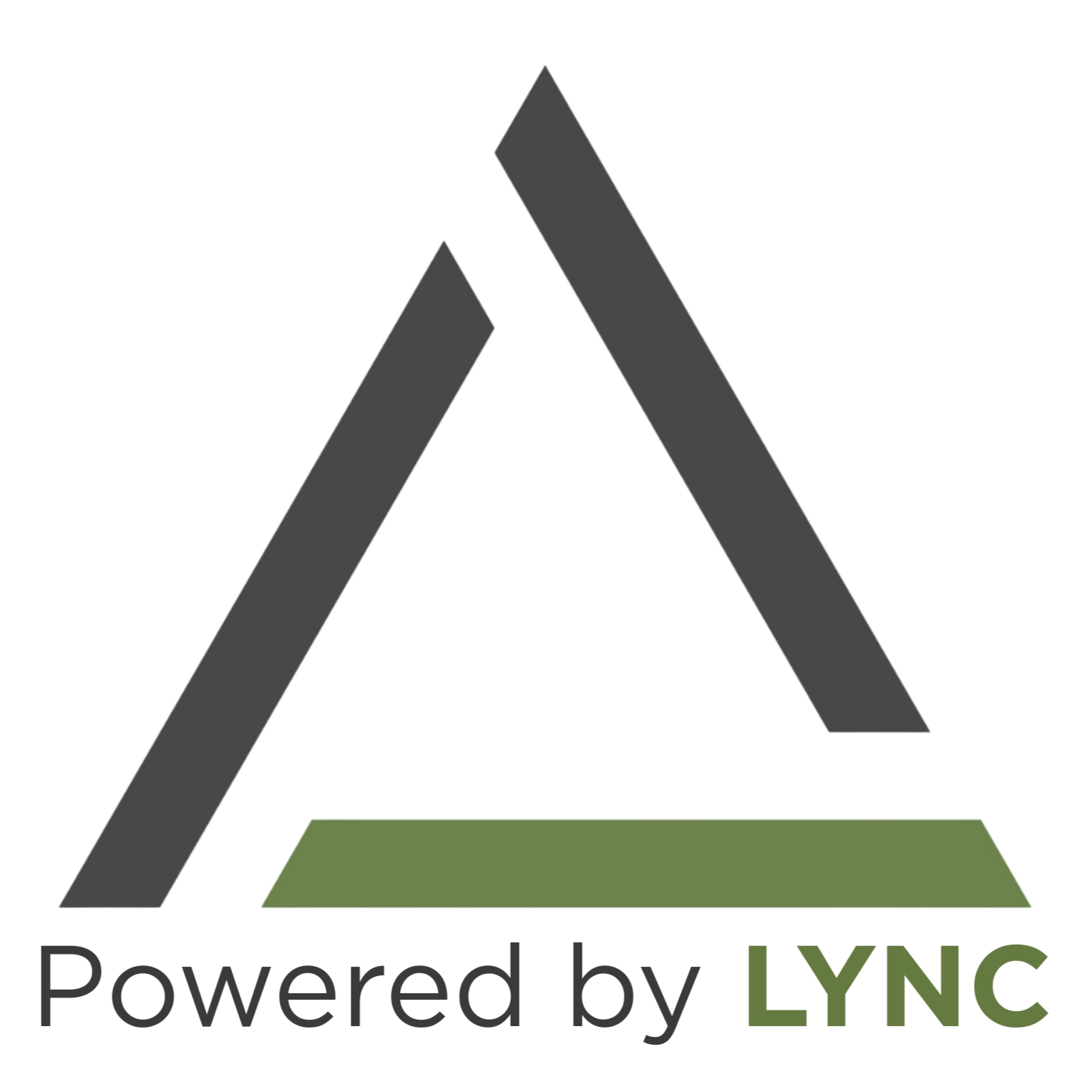 Logo featuring a stylized A with a black and gray color scheme, green base, and the text 'Powered by LINC' underneath.