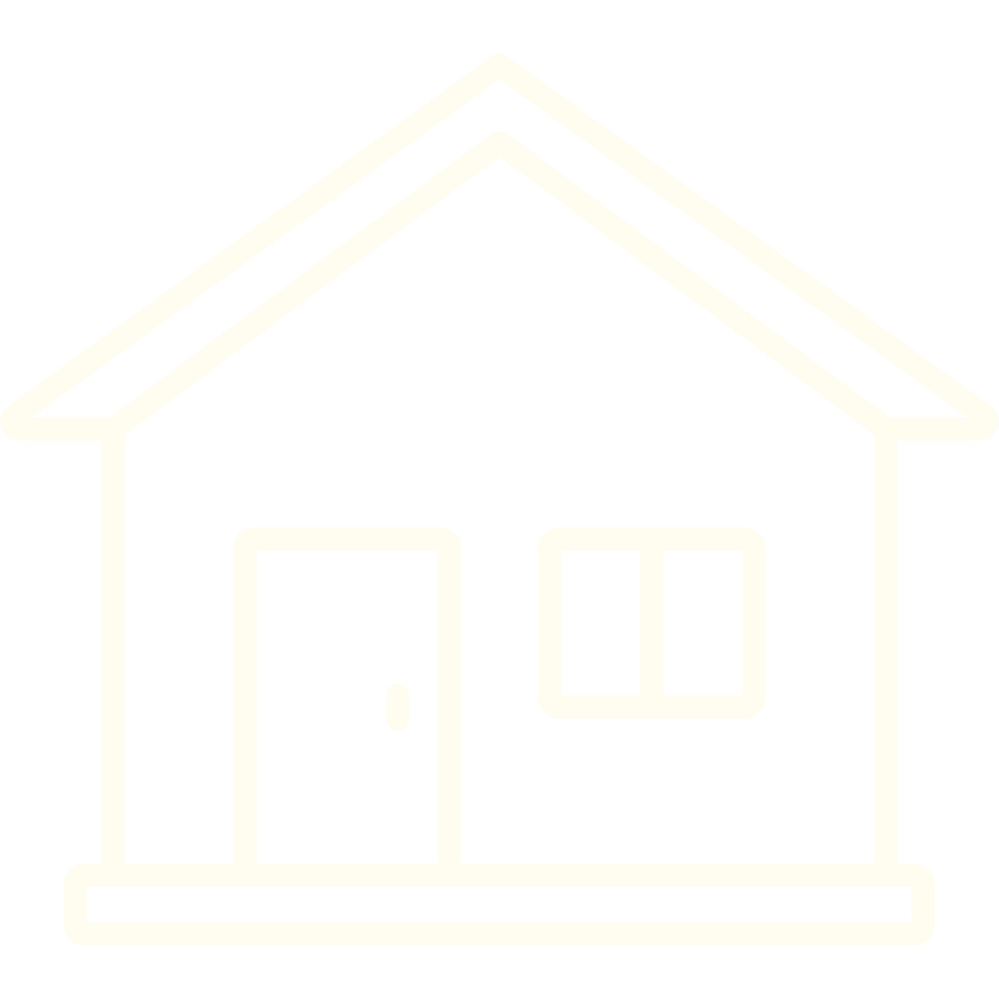 Outline of a house with a gabled roof, a front door, and a window to the right of the door.