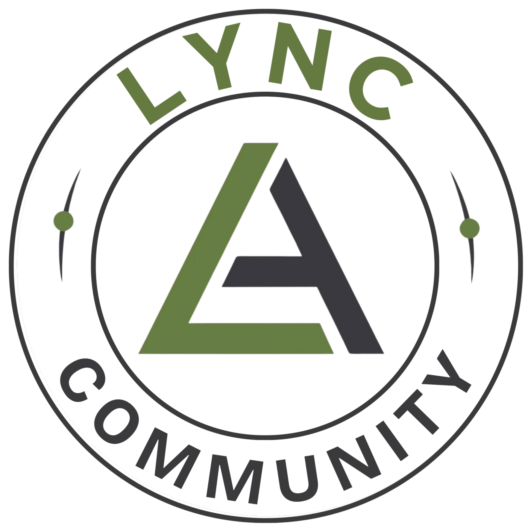 Lync Community logo with a black, white, and green design featuring a stylized triangle and circle.