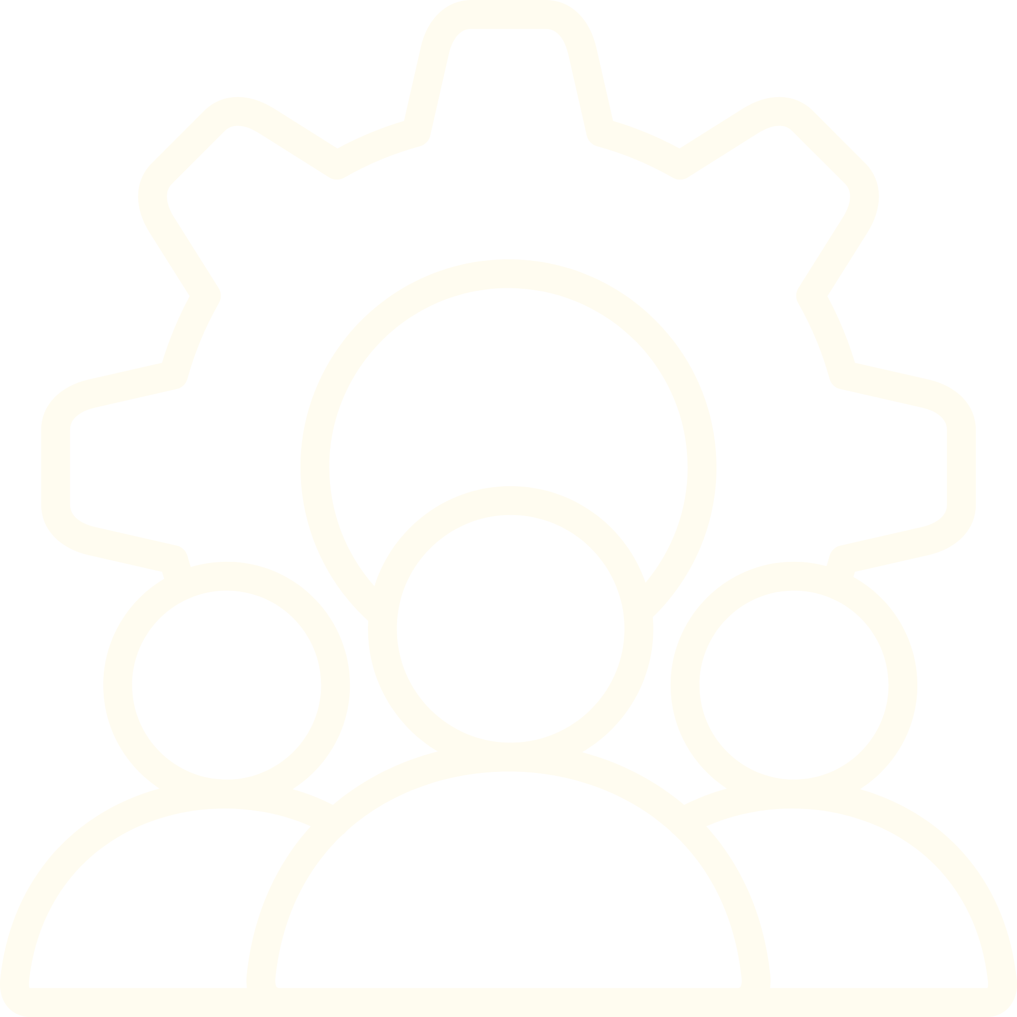 Outline of a group of three people with a gear icon behind them, representing teamwork or collaboration.