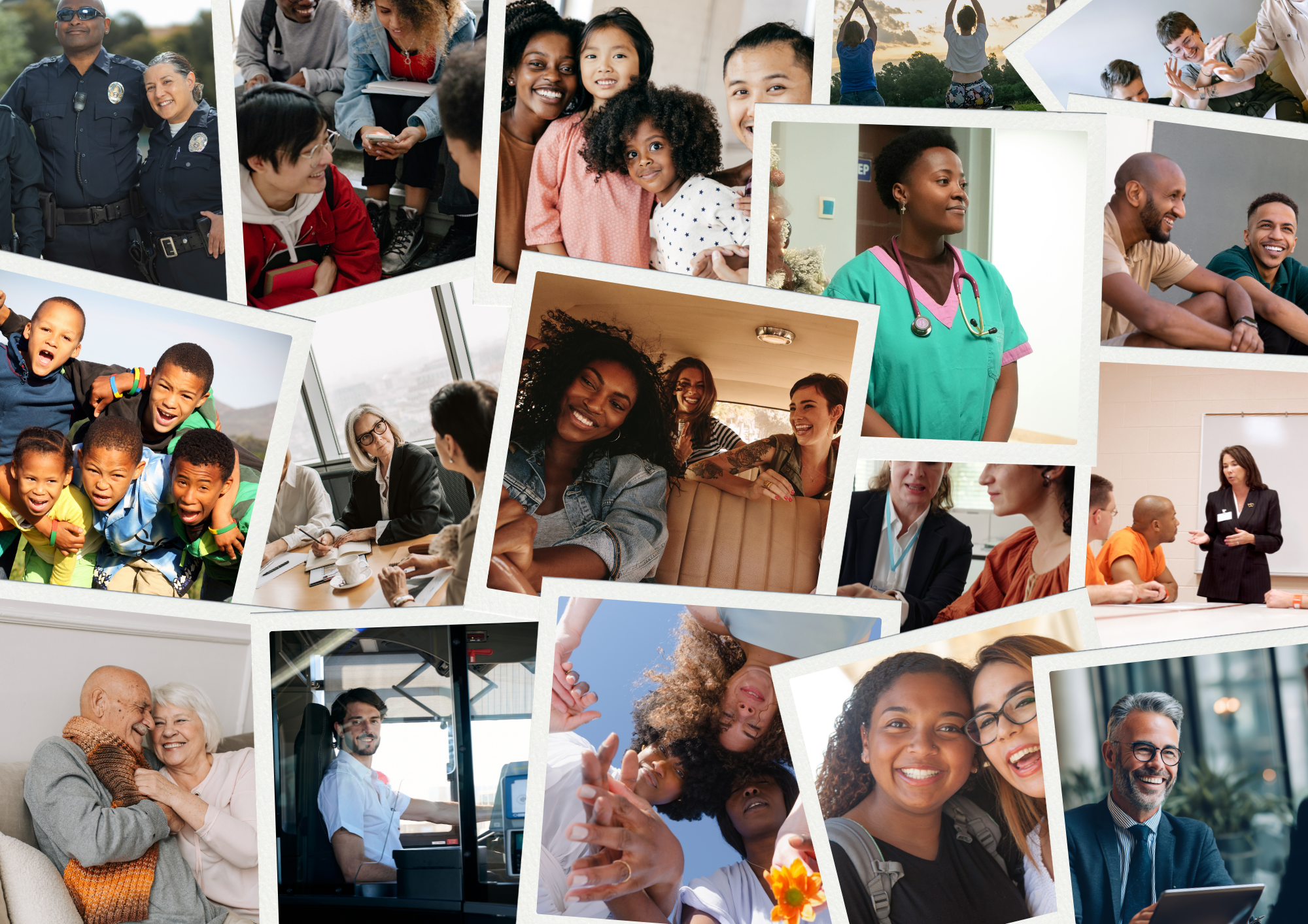 Collage of diverse people in various settings including police officers, children playing, a healthcare worker, a business meeting, friends laughing, an elderly couple, and a professional at a desk.
