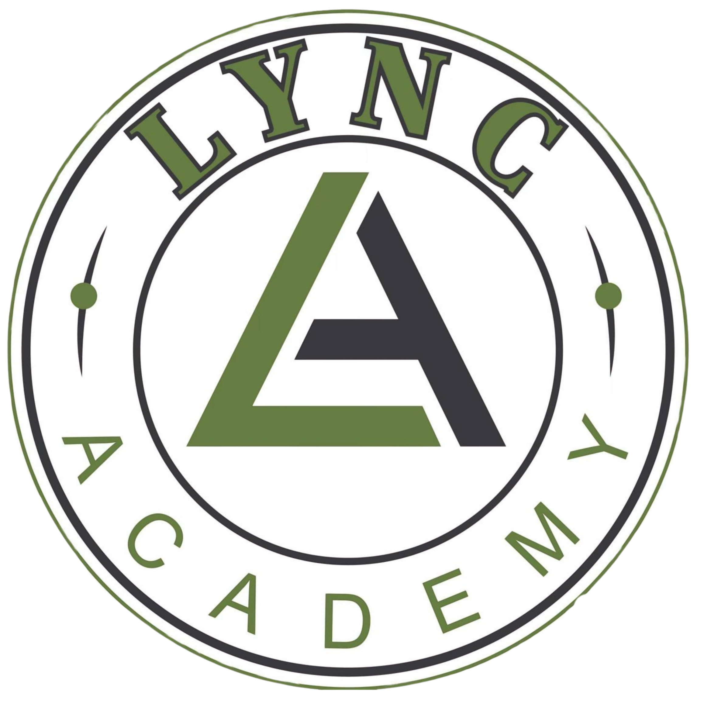 Lyncy Academy logo with a circular design, featuring a large stylized A with a green diagonal line and black accents, and the words 'LYNCY ACADEMY' around the circle.