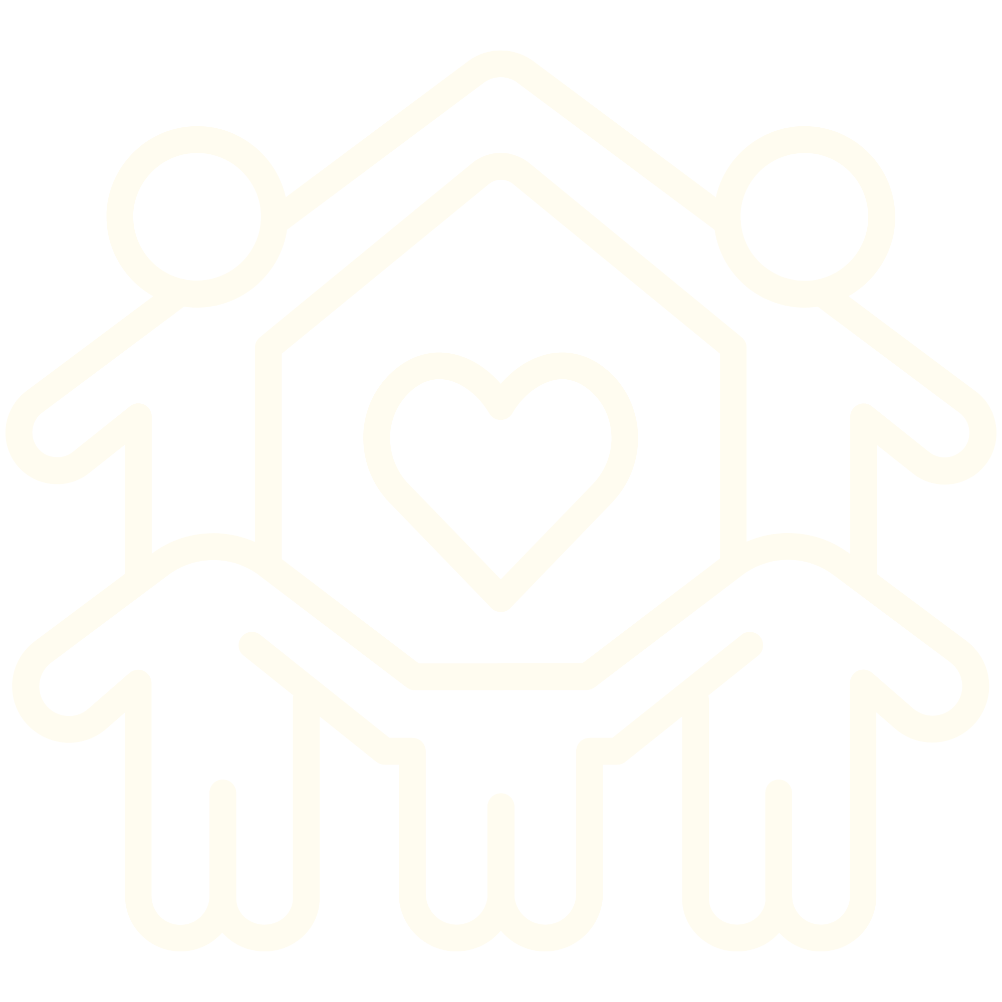 Outline illustration of three houses with a heart inside the central house, surrounded by three human figures.