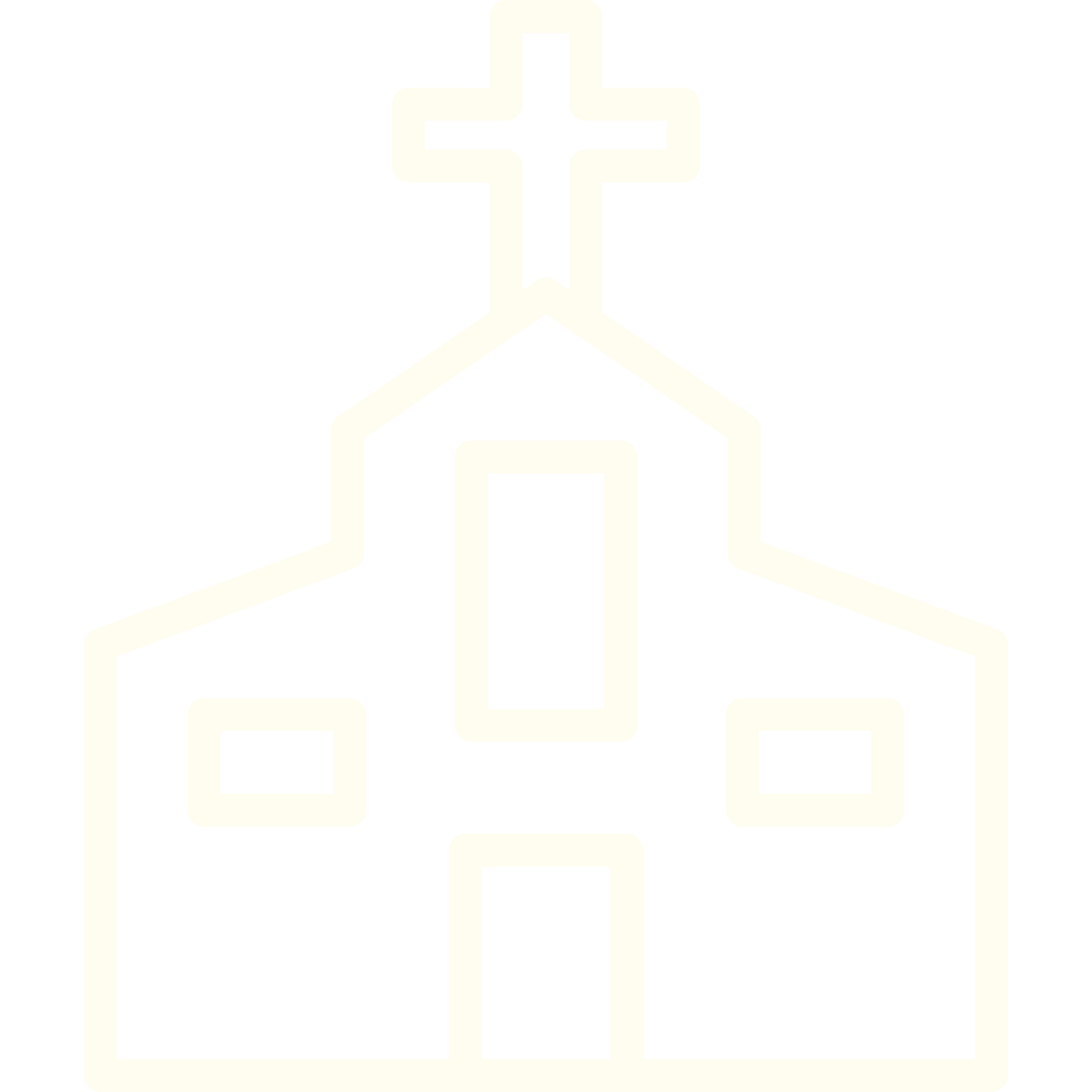 Outline of a church with a cross on top, black background.