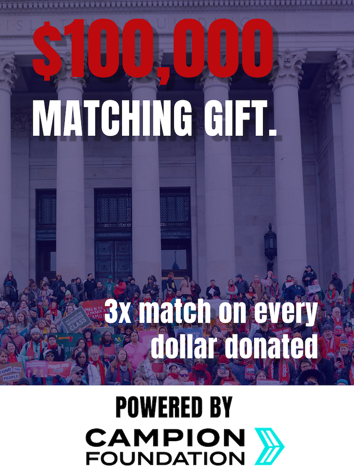 A graphic promoting a 3-to-1 funding match for donors, powered by Campion Foundation