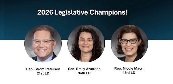 A graphic showing our 2026 Legislative Champions: Rep. Strom Peterson, Sen. Emily Alvarado, and Rep. Nicole Macri