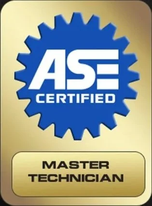 ASE Certified Master Technician badge with a blue gear logo and gold background.