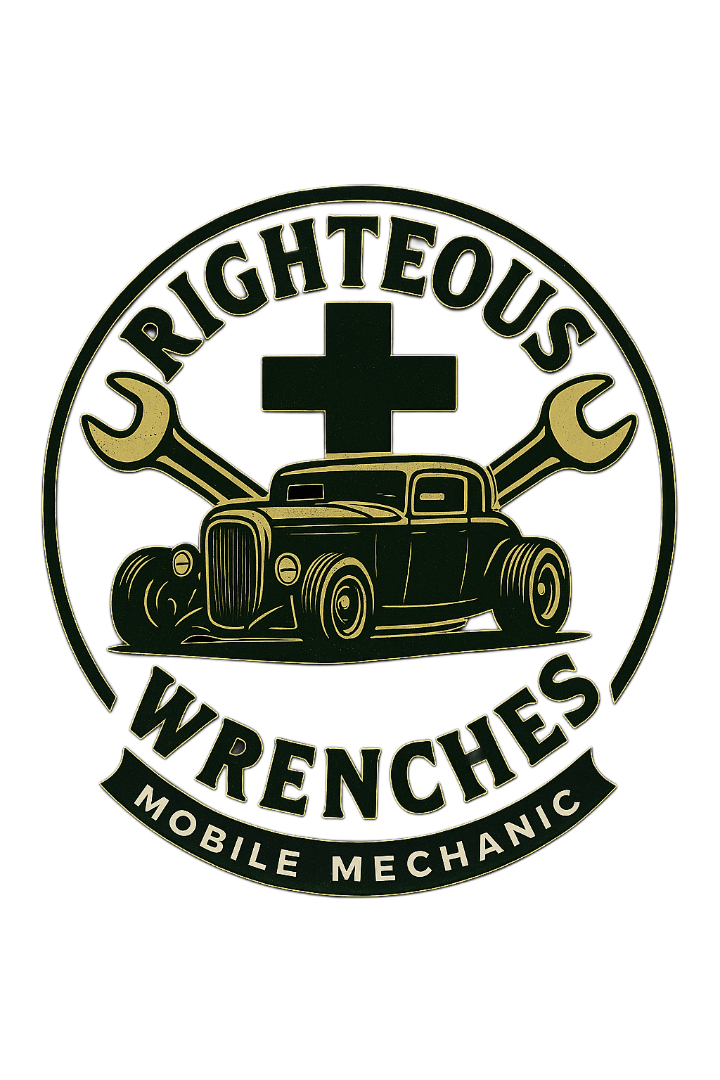 A logo for 'Righteous Wrenches Mobile Mechanic' featuring a vintage car, two crossed wrenches, and a cross symbol on a black background.