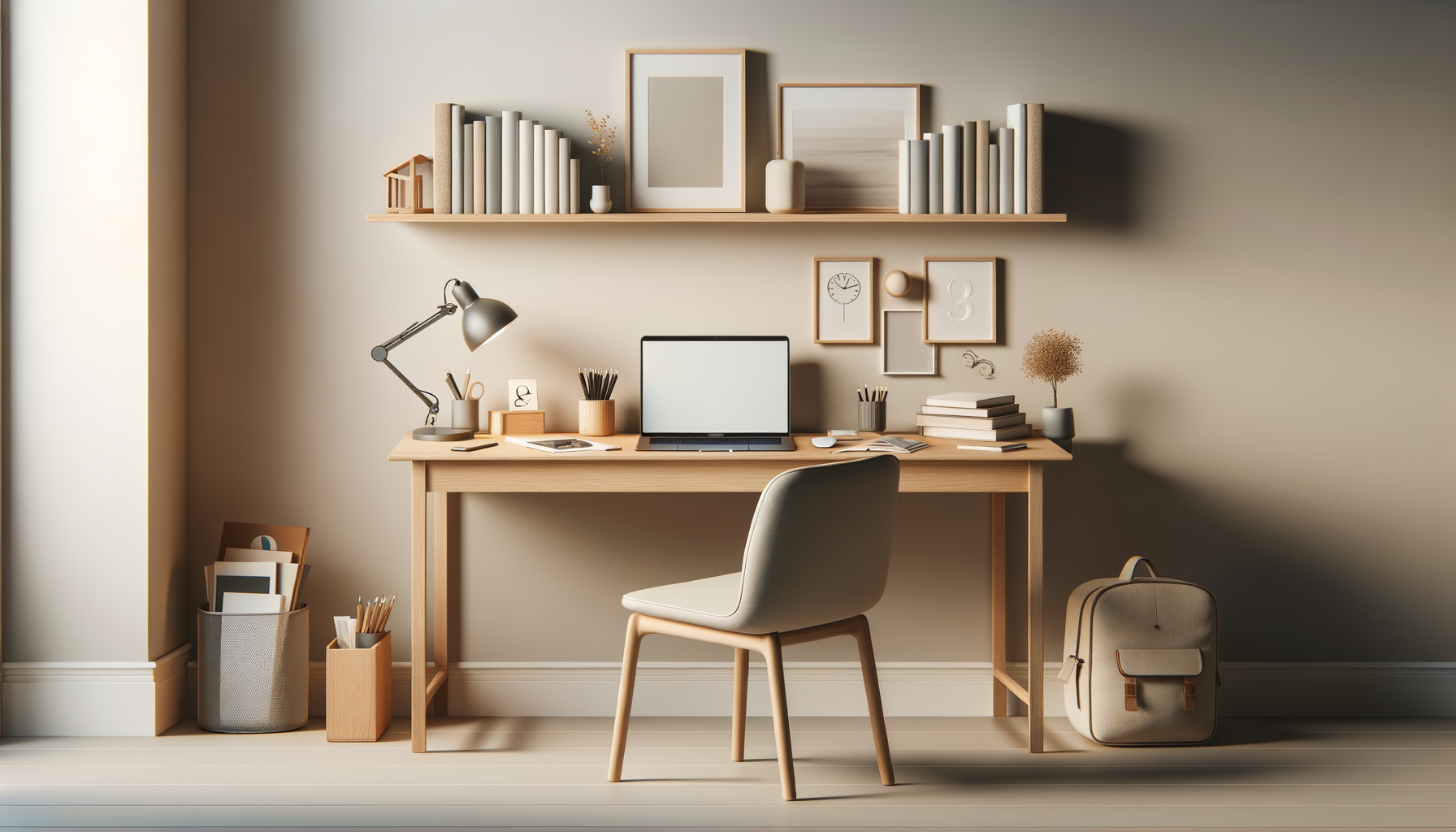 Minimalist home office with light wooden desk, computer, desk lamp, books, and wall decor in neutral tones.