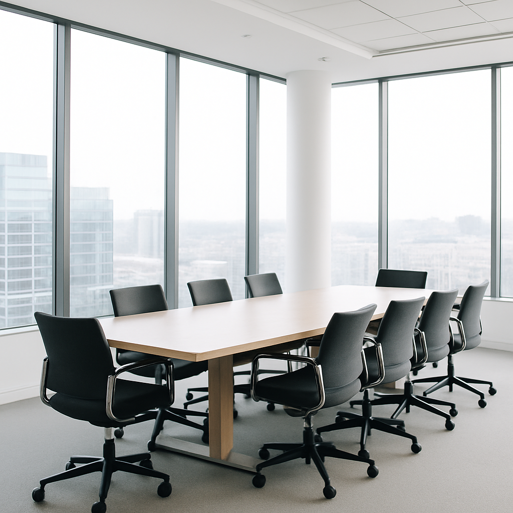 An empty conference room with a large wooden table and nine black office chairs on wheels, surrounded by floor-to-ceiling windows showing a cityscape.