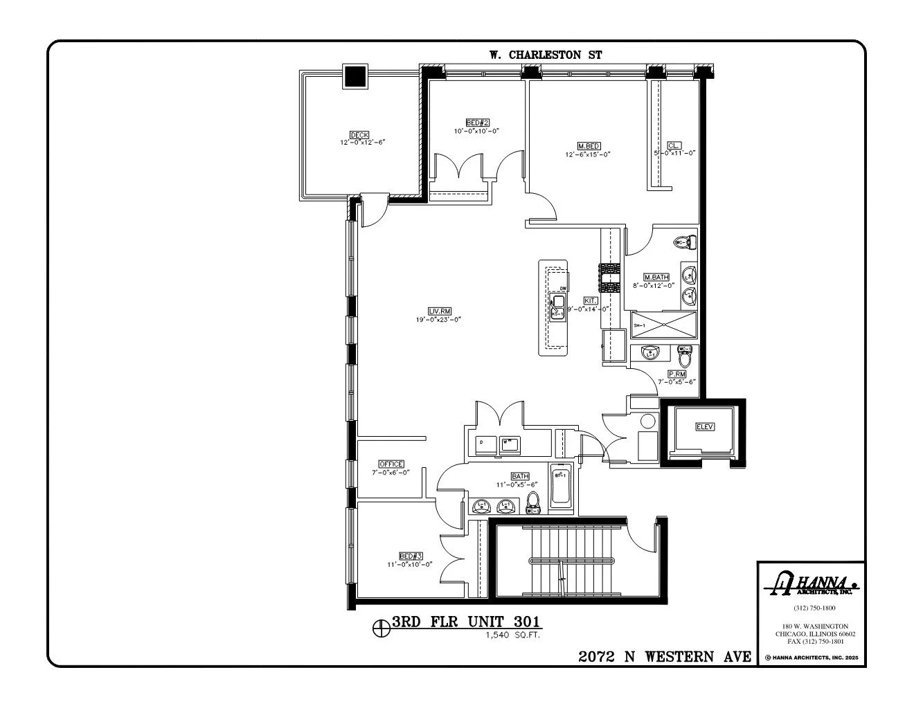 Blueprint of an apartment floor plan showing multiple rooms including a living room, kitchen, bedrooms, bathrooms, office, closet, laundry area, deck, and elevator shaft, with room dimensions.