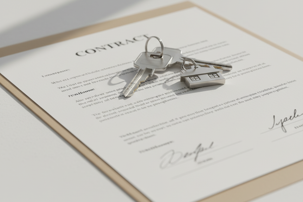 A set of keys, including house-shaped keychains, resting on a contract document on a clipboard.