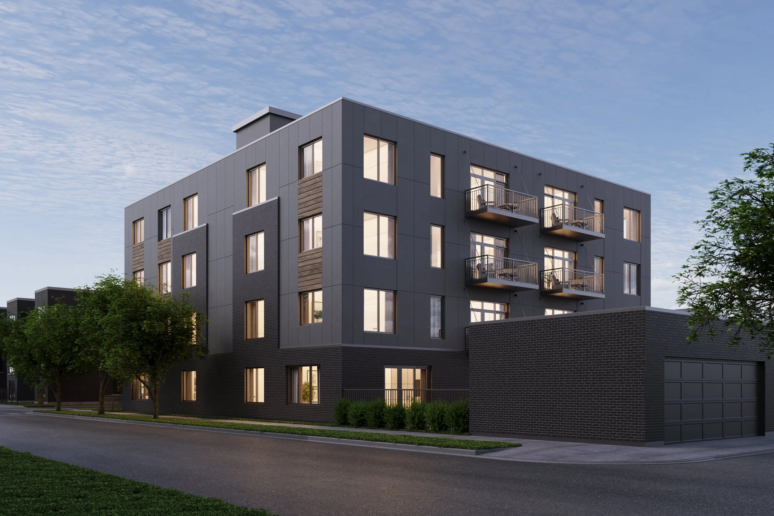 Modern apartment building with multiple floors, large windows, and small balconies, set against a partly cloudy sky with trees and a sidewalk in the foreground.