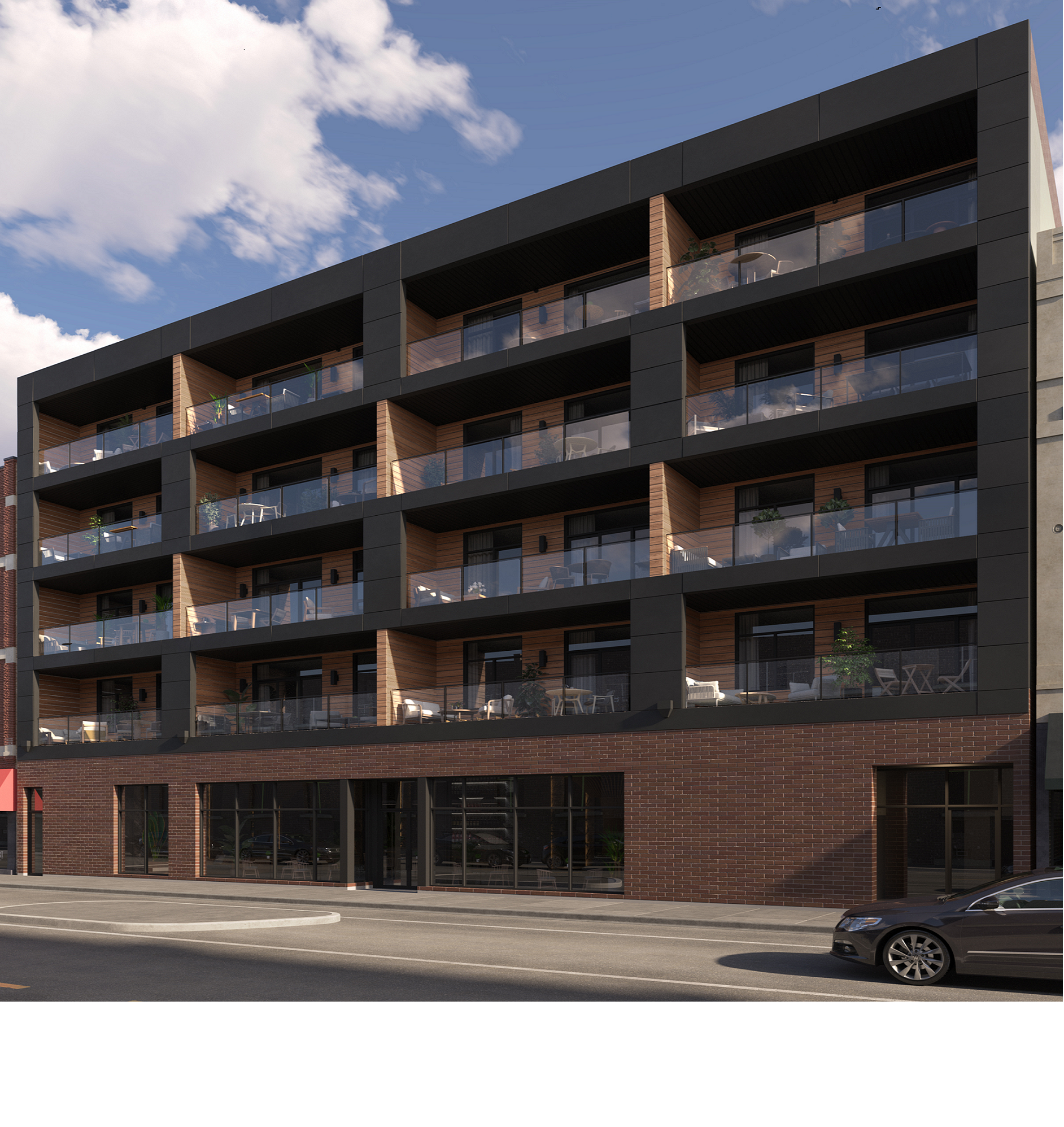Modern multi-story apartment building with glass balconies, brick and black exterior, and street view with parked vehicles.