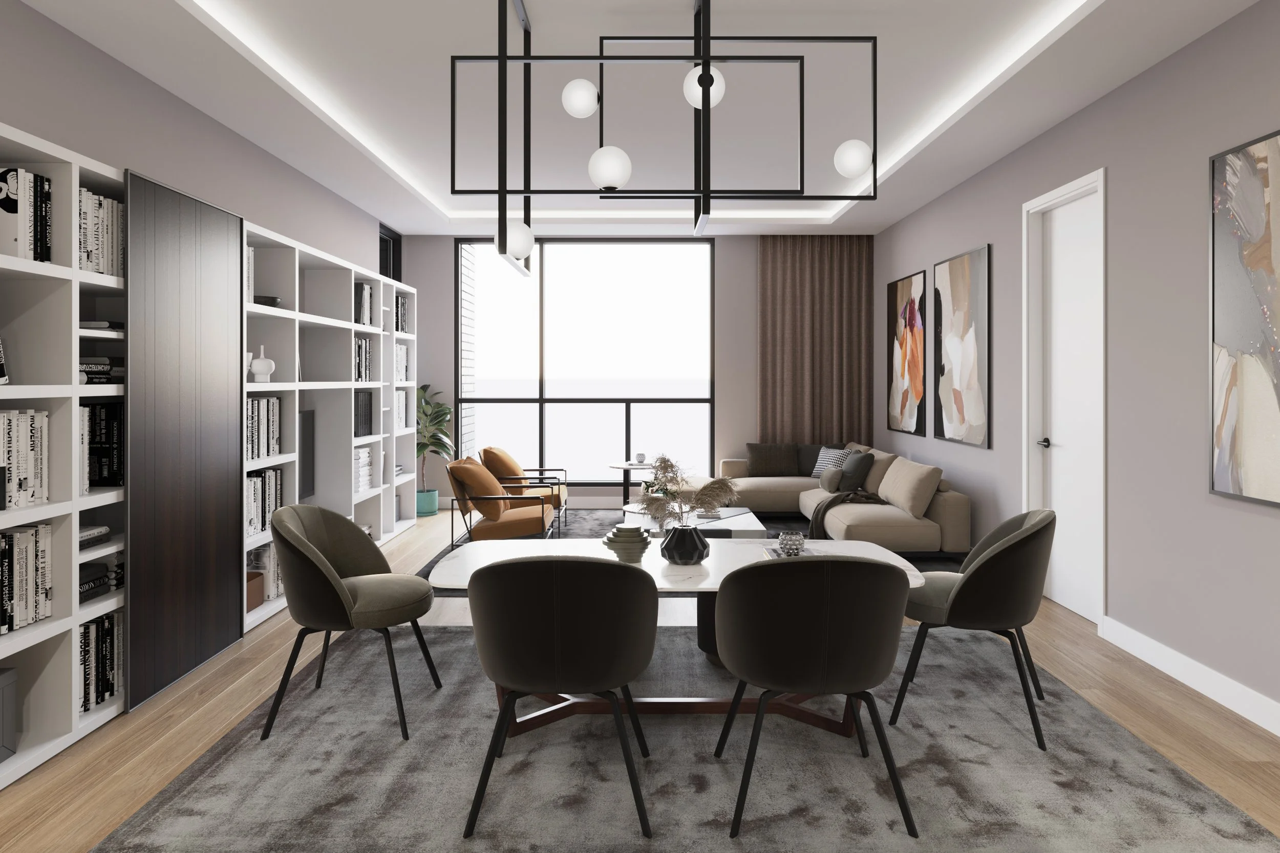 Modern living room with large window, white and beige seating, a dining table with six chairs, decorative artwork on the walls, and a black geometric chandelier hanging from the ceiling.