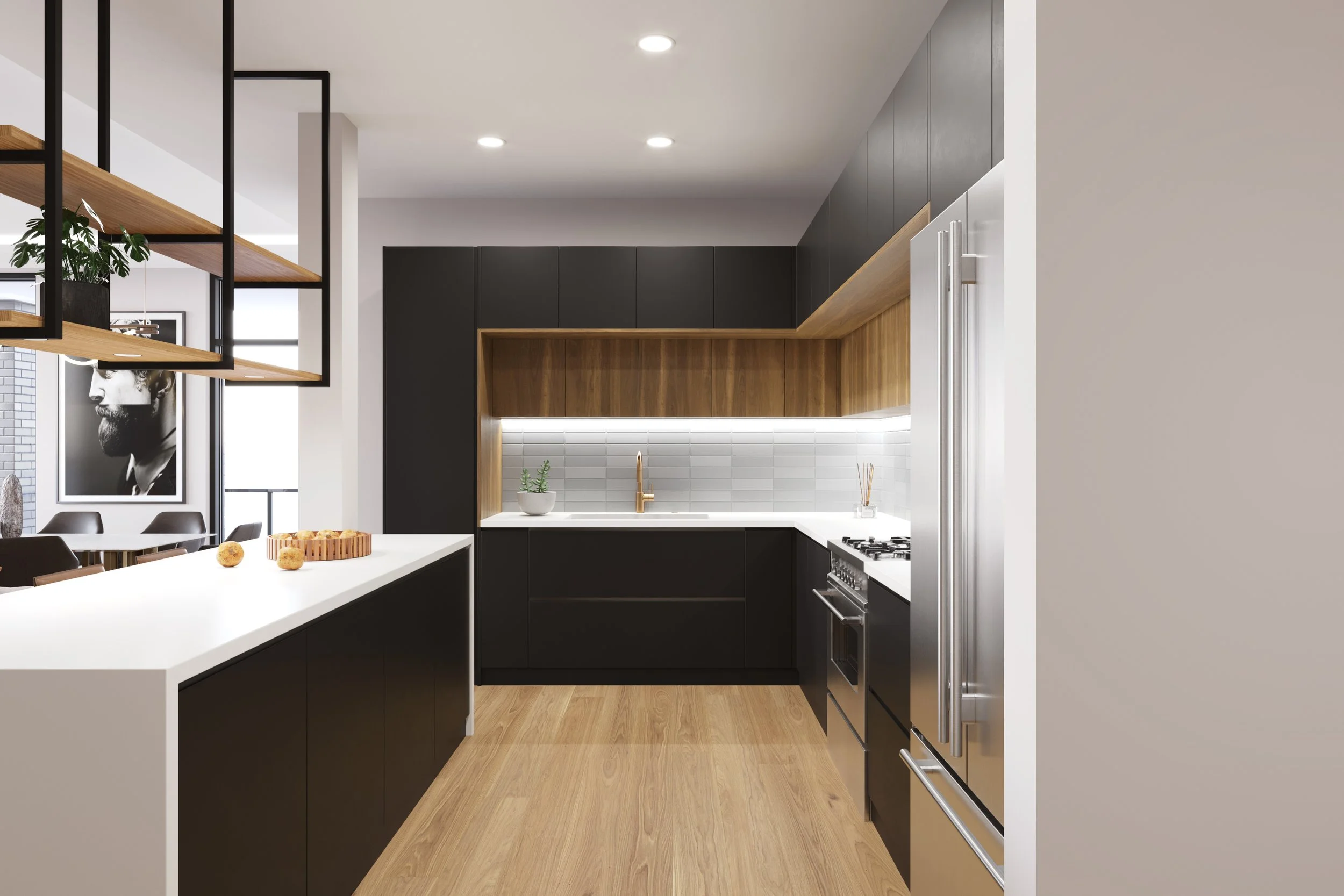Modern kitchen with black cabinetry, white countertops, a wooden backsplash, and stainless steel appliances. Open shelving and a plant decorate the space.