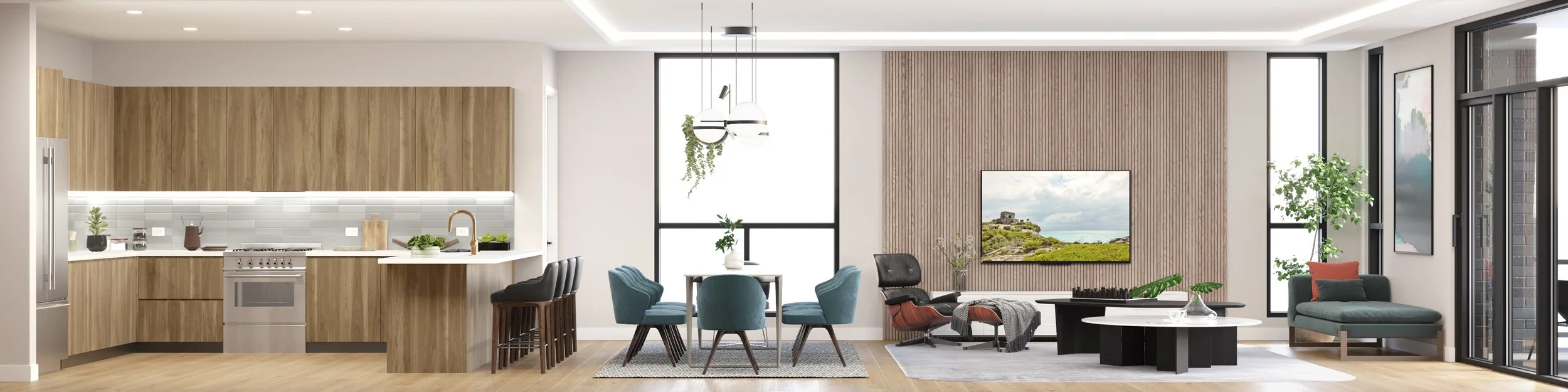 Modern open-concept living room and kitchen with wooden accents, large windows, and contemporary furniture.