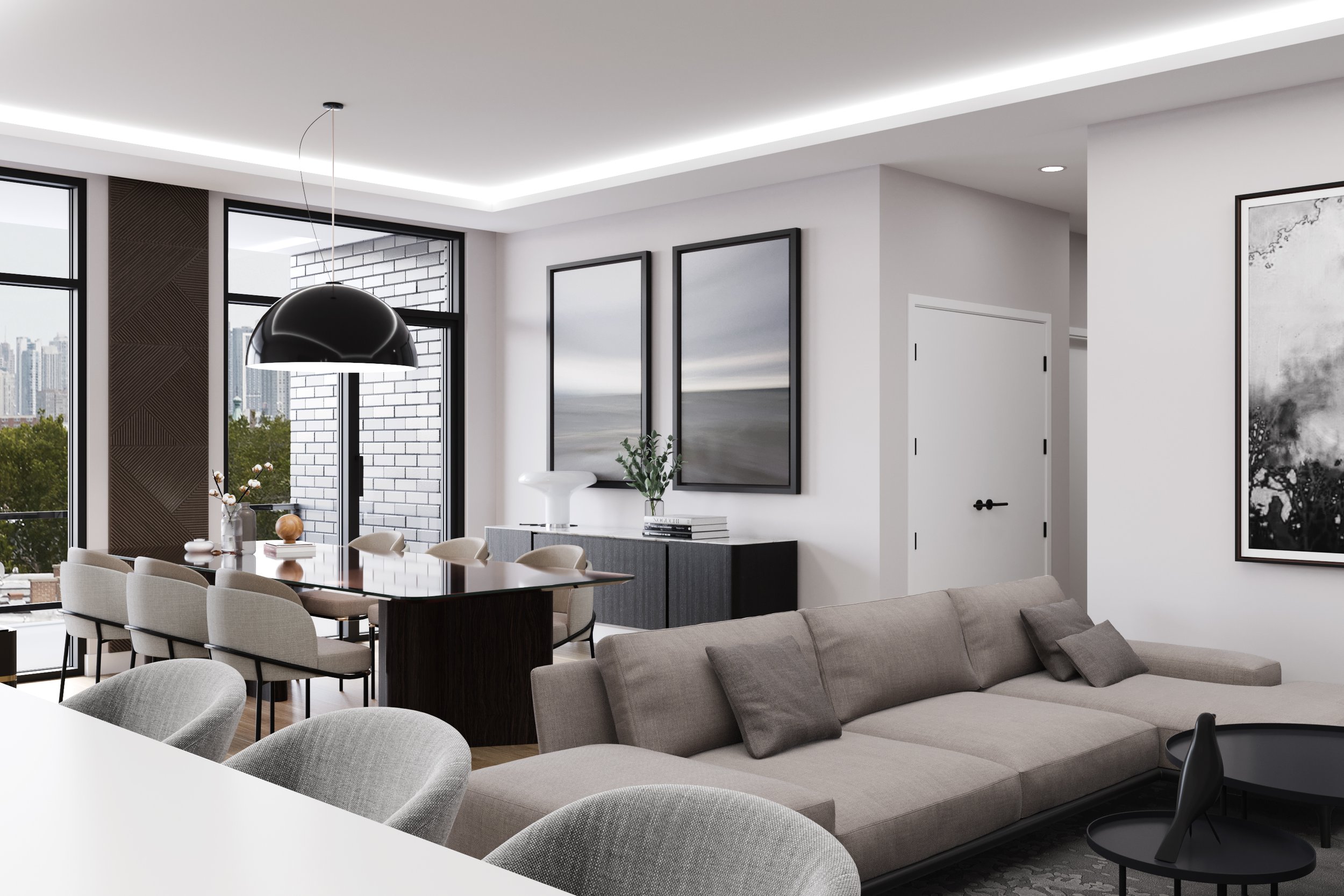 Modern living room with large windows, gray sectional sofa, abstract artwork, black and white decor, and a dining table with chairs.