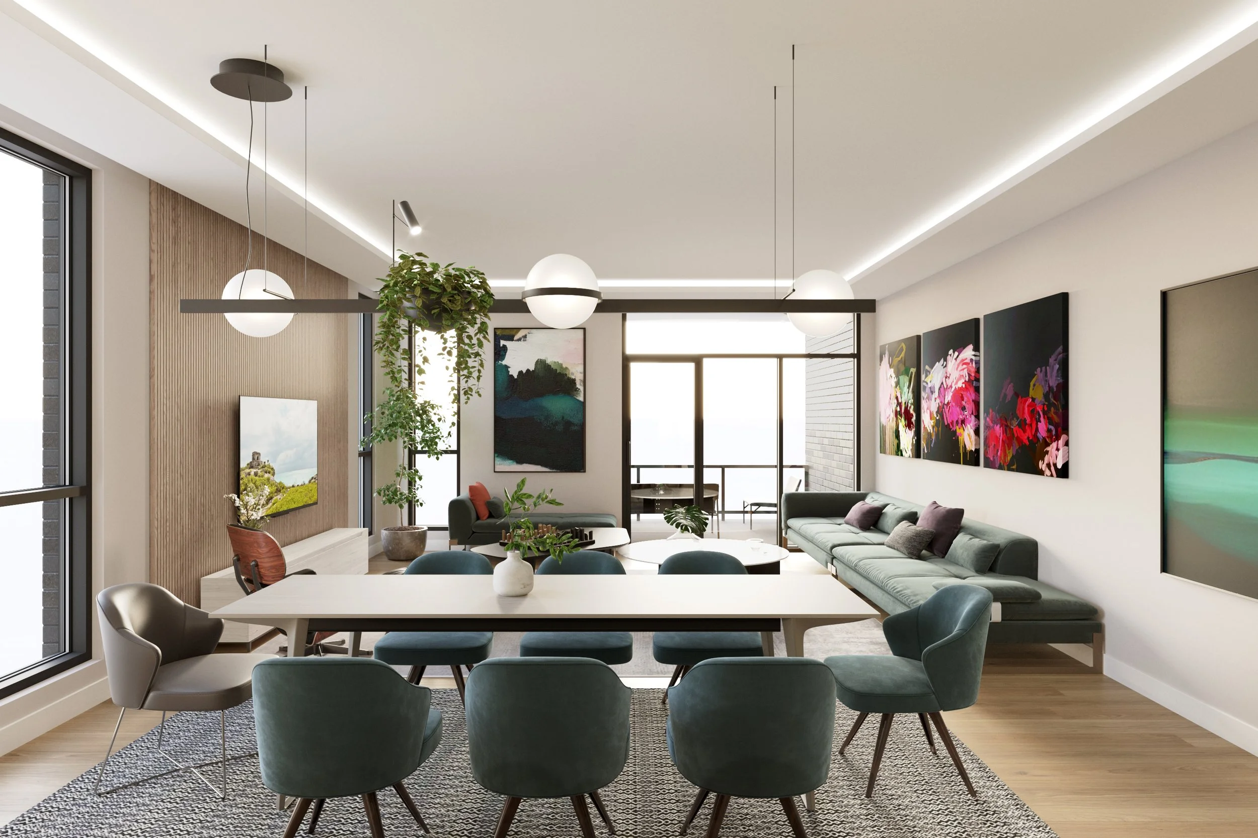 Modern living room with large windows, artwork on walls, and stylish furniture.