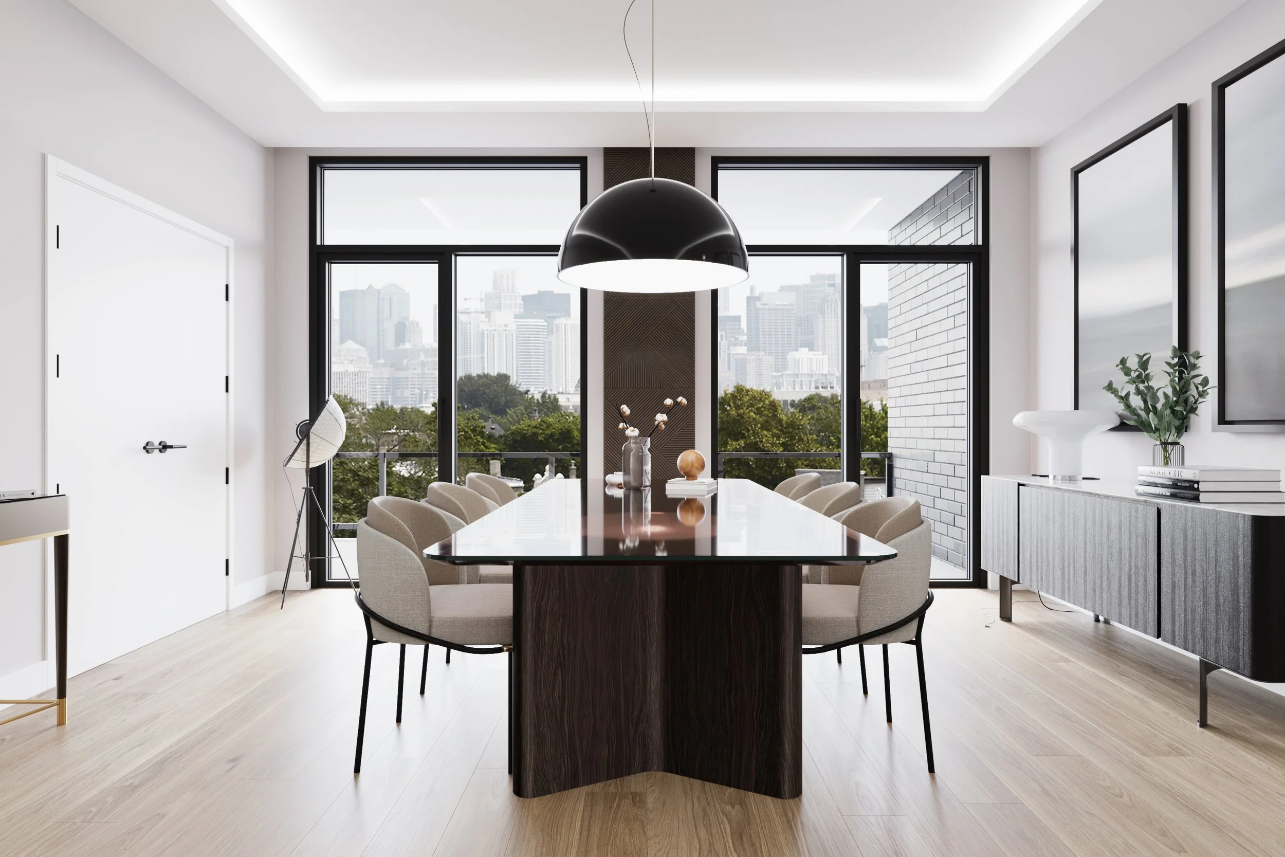 Modern conference room with a large table and ten chairs, facing large windows with a city skyline view, featuring minimalist decor and a black ceiling lamp.
