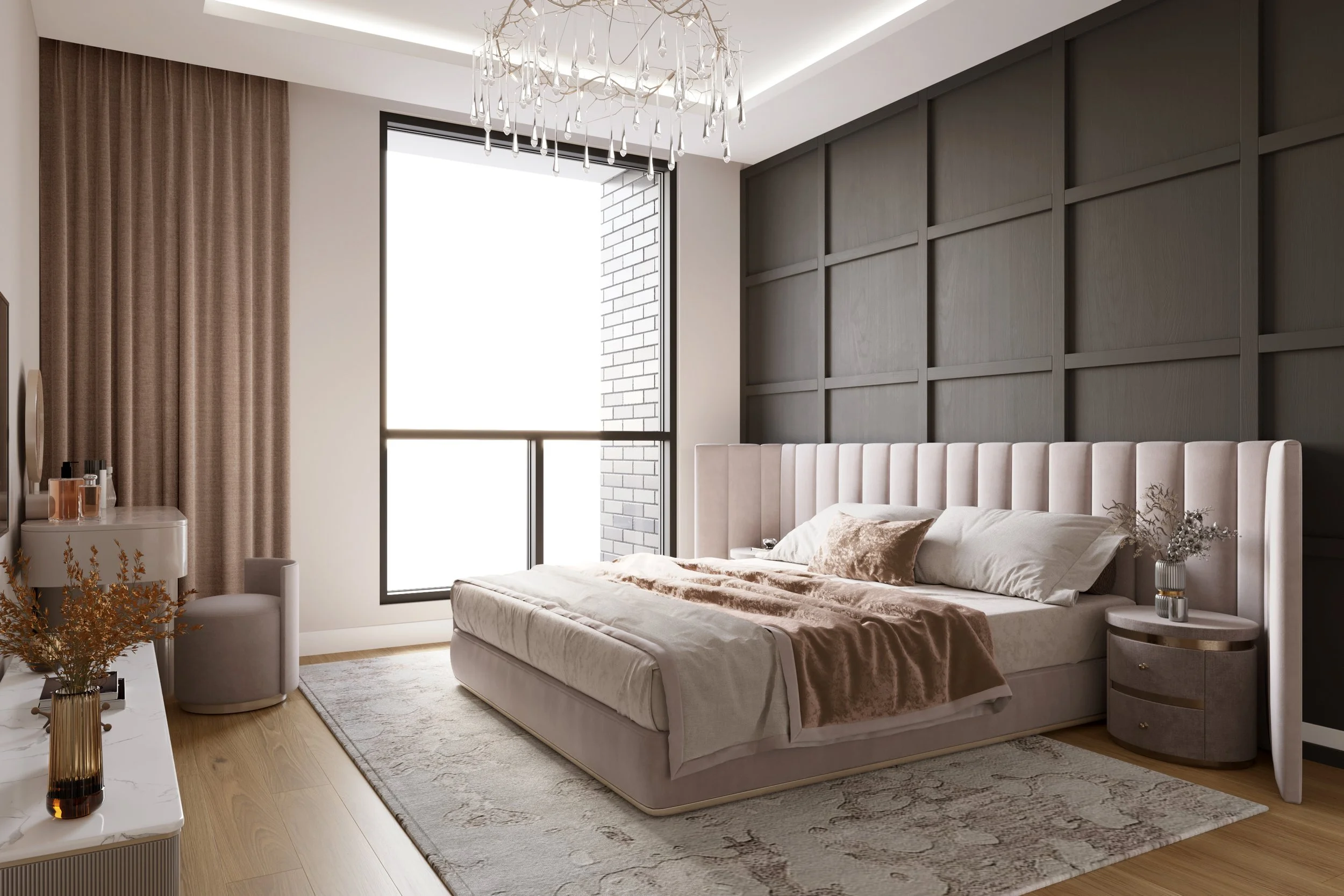 Modern bedroom with beige upholstered bed, dark wood paneled accent wall, large window with beige curtains, chandelier, side table with flowers, and wardrobe.