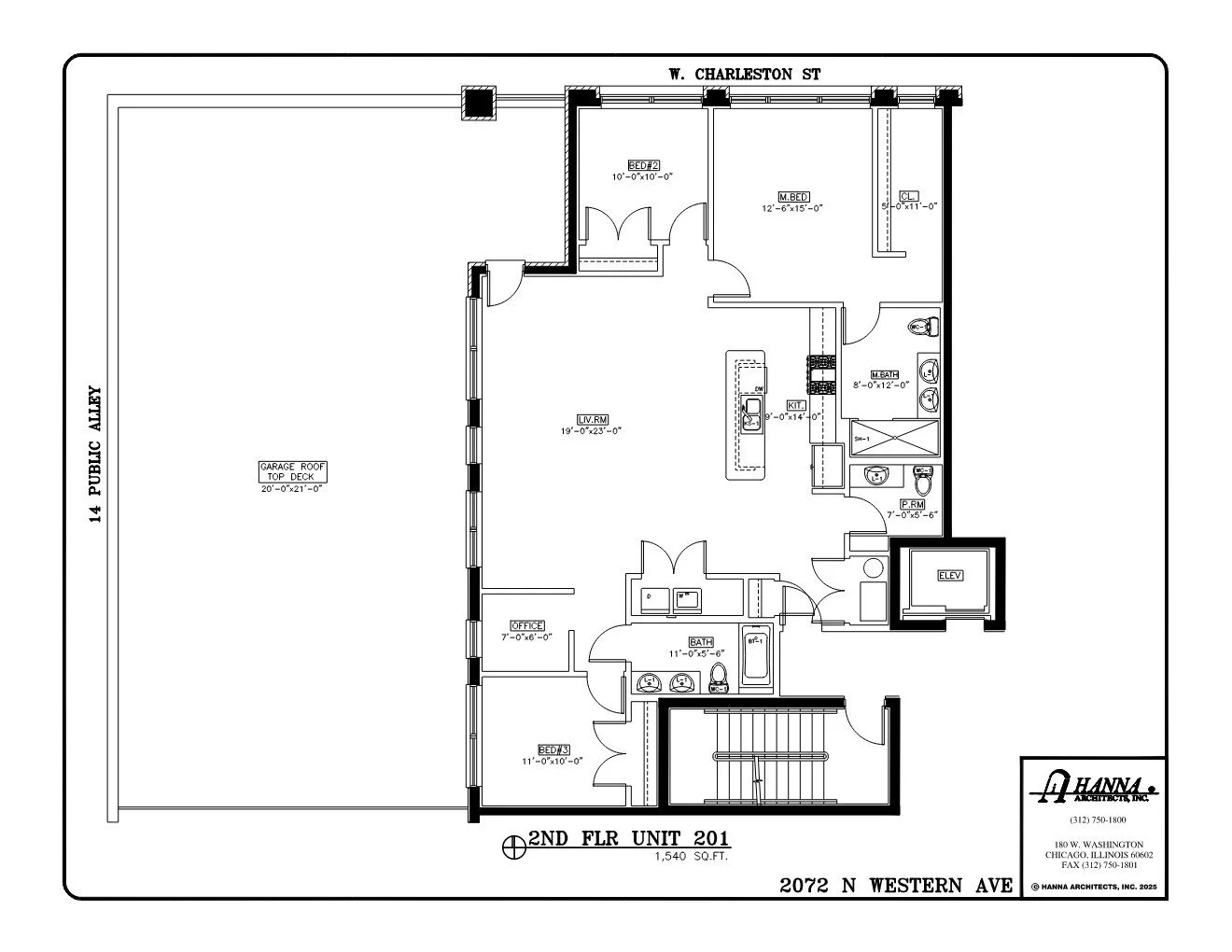 Floor plan of a residential apartment with labeled rooms and dimensions, including bedrooms, bathrooms, kitchen, living room, office, elevator, and garage roof top deck.
