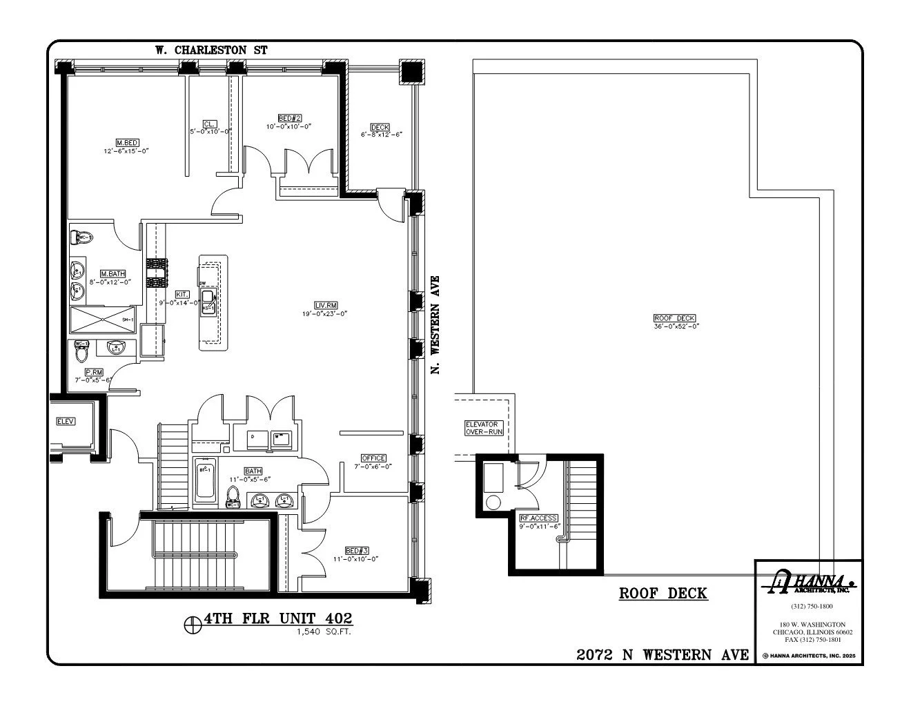 Floor plan of a residential building showing rooms, stairs, elevator, and roof deck with labels and dimensions.