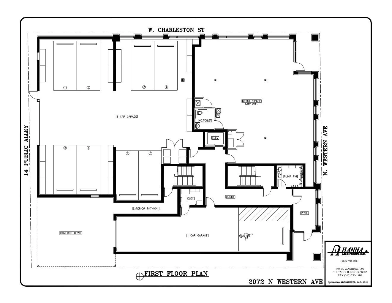 Floor plan of a building with labeled rooms including garages, retail space, lobby, elevator, restrooms, and other facilities. Streets surrounding the building are W. Charleston Street, N. Western Avenue, and Public Alley.
