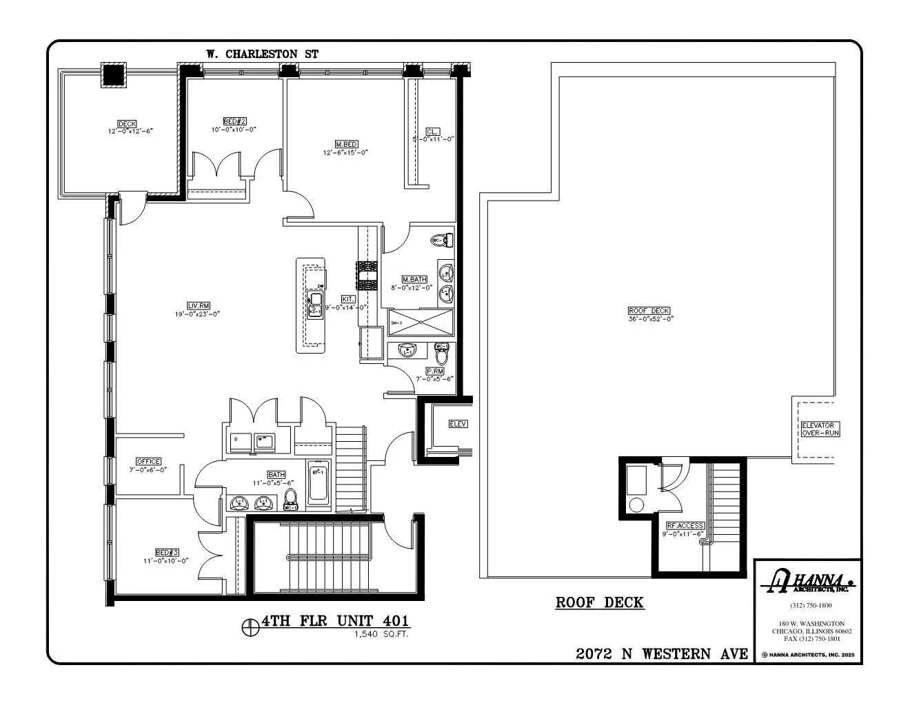 Floor plan of a residential building's fourth floor unit 401 with rooms such as bedrooms, living room, office, bathrooms, kitchen, and a rooftop deck.