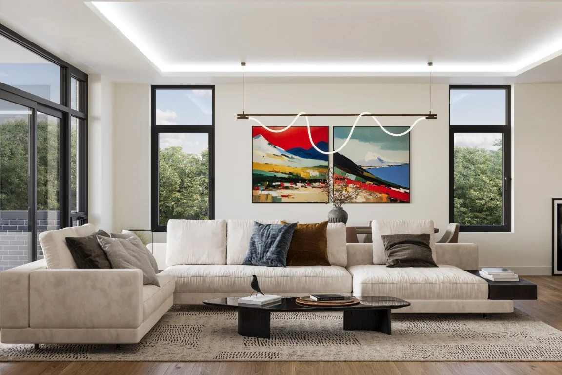 Modern living room with large windows, beige curtains, brown sofa with pillows, glass-top coffee tables, indoor plants, and a dining area with a chandelier.