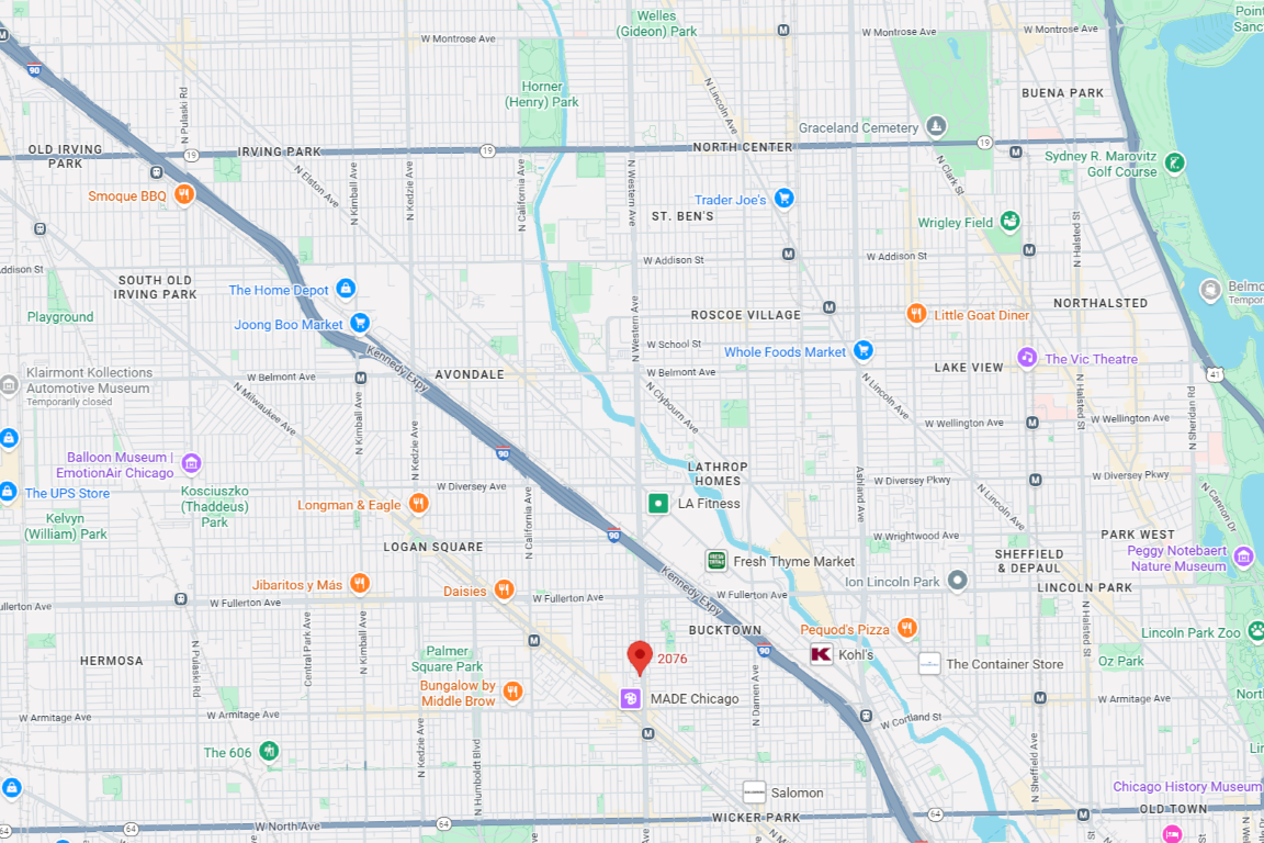 Map of Chicago showing various neighborhoods, parks, and landmarks including Bucktown, Wicker Park, Humboldt Park, and the Chicago History Museum.
