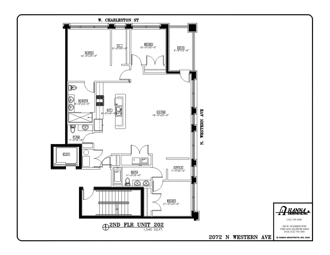 Floor plan of a residential apartment with bedrooms, bathrooms, living room, kitchen, office, elevator, and outdoor decks.