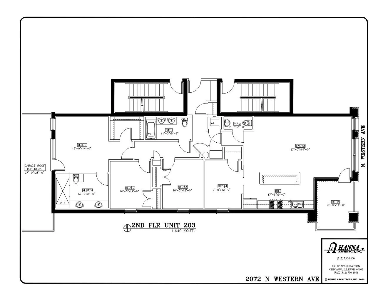 Floor plan of an apartment labeled as 2nd floor unit 203, including bedrooms, bathrooms, a kitchen, living room, laundry area, deck, garage roof top deck, and various doors and windows, with labels and measurements.