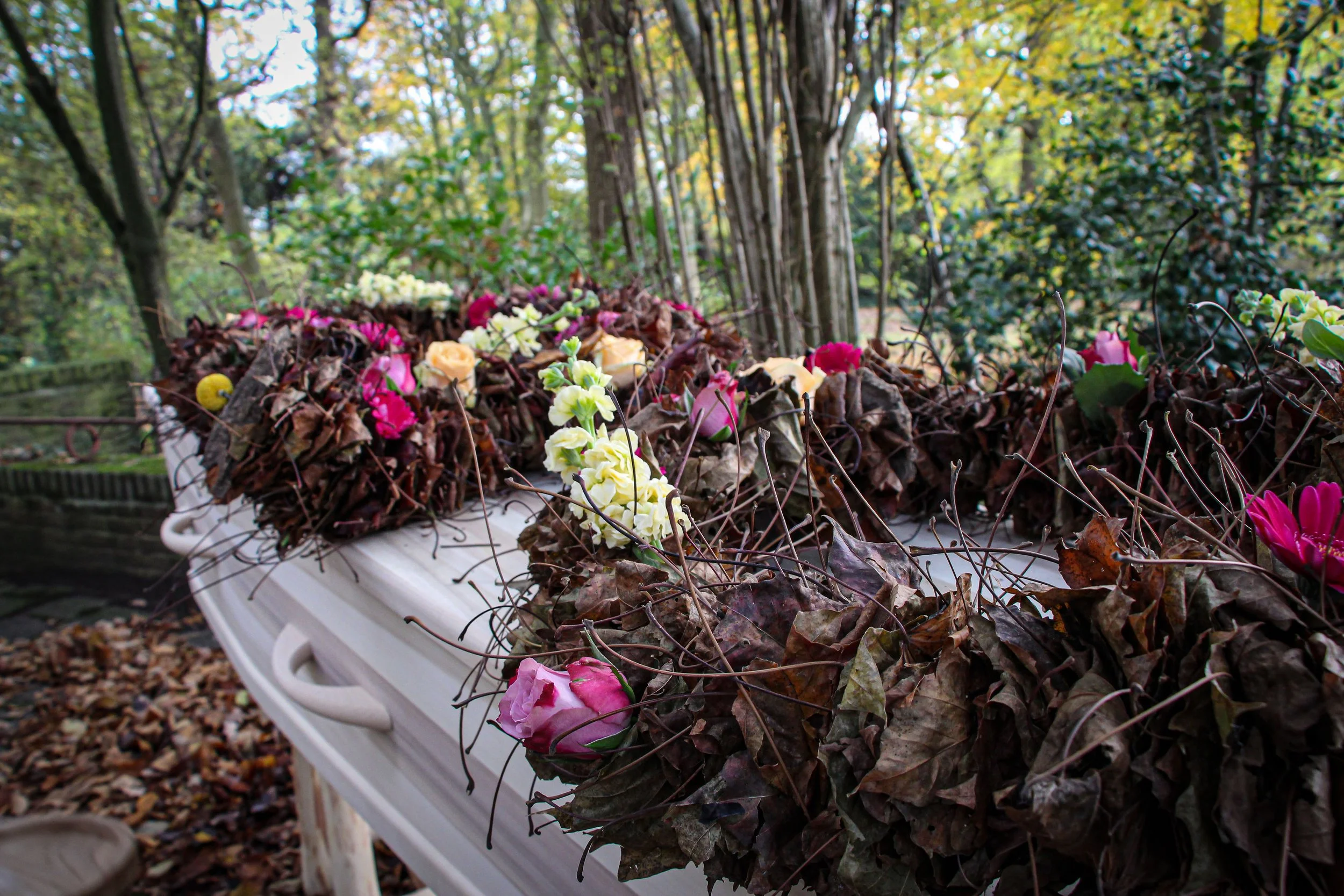 Bloemen en bladeren op een wit reliëf in een bosrijke omgeving.