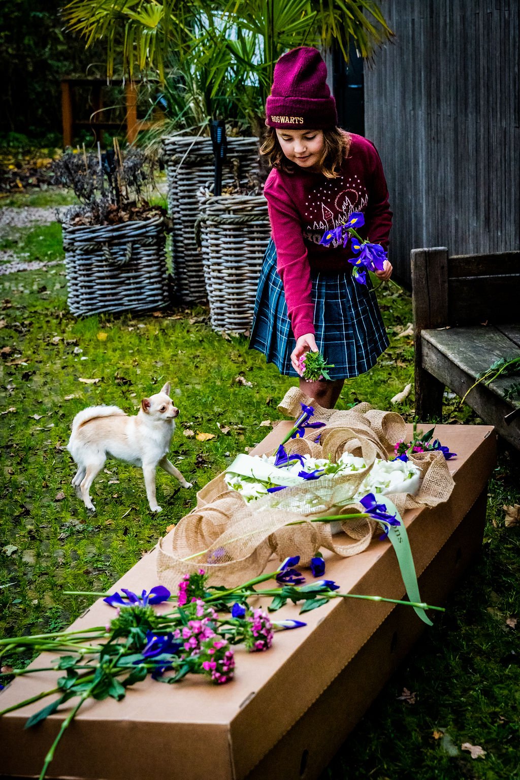 Een meisje in een halsdoek met Hogwarts logo, een rok en een wintermuts die bloemen plukt bij een houten graf waar bloemen liggen, terwijl een witte hond ernaast staat in een tuin met grote plantaardige potten op de achtergrond.