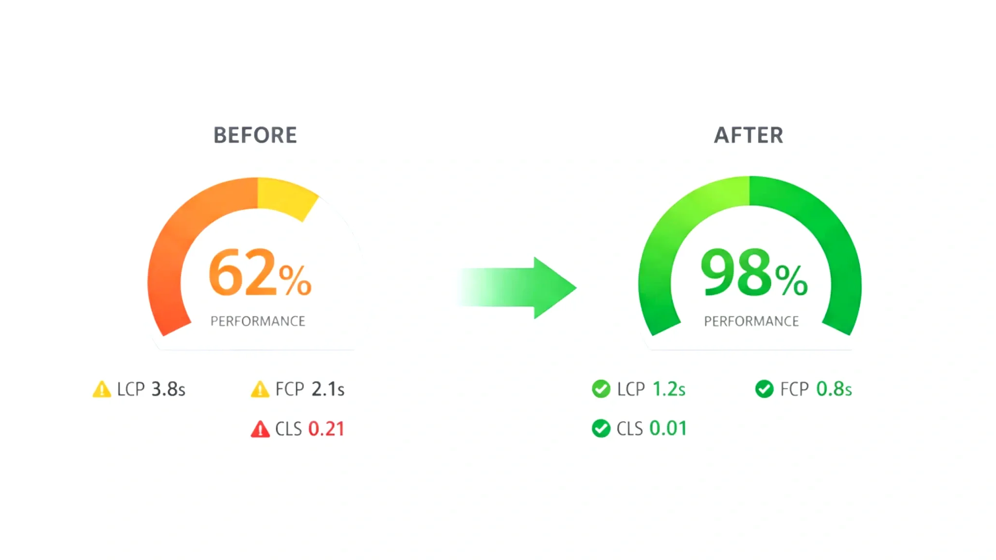 Improvement in Website Efficiency shown with before and after at 62% then 98%.