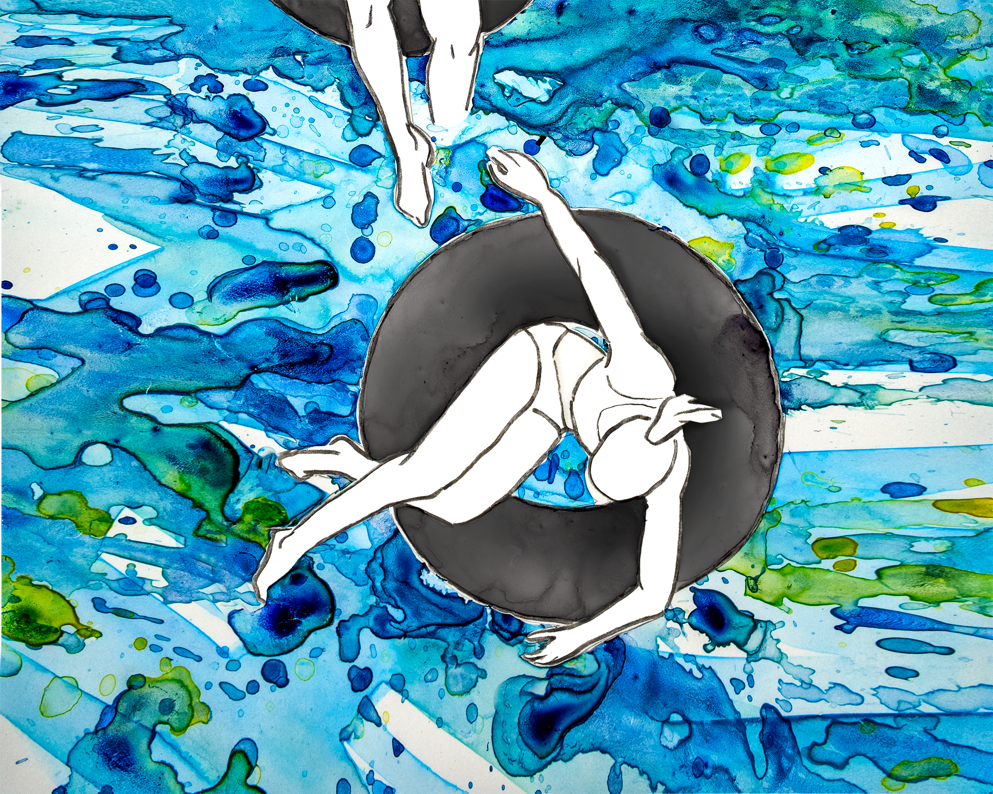 An abstract painting of a person in an intertube, surrounded by splashes of blue, green, and yellow watercolor that evoke the idea of water.